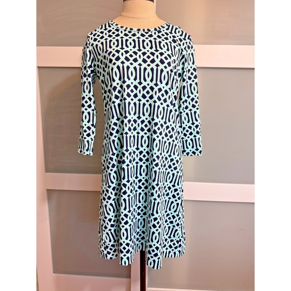 Lulu B Blue Trellis Geometric Print Dress 3/4 Sleeve UPF50+ Travel Shift Sz XS